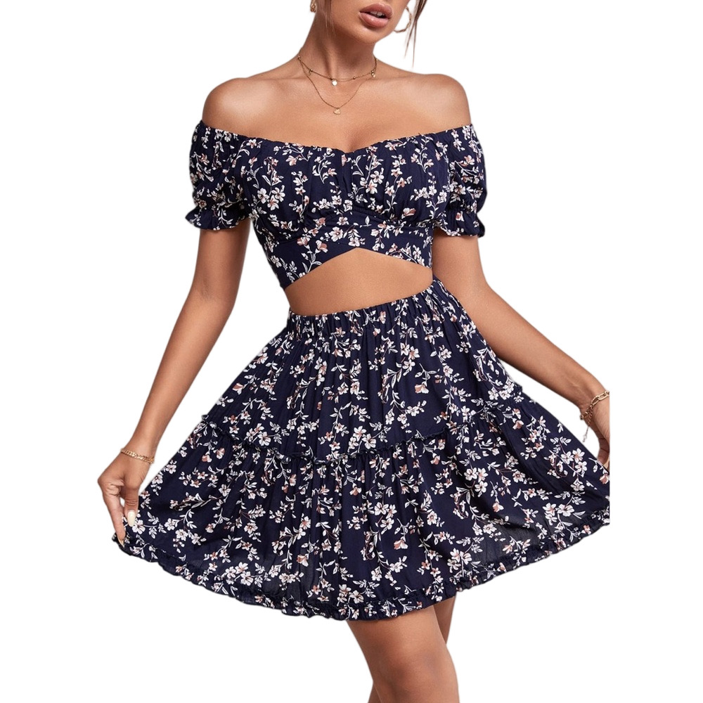 LYANER Women's 2 Piece Floral Off Shoulder Tie Up Crop Top and Mini Skirt Set L